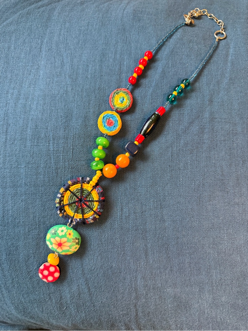 Colorful Boho Multi-Bead Pendant Necklace - Vibrant Green & Yellow Artisan made - Picture 1 of 9